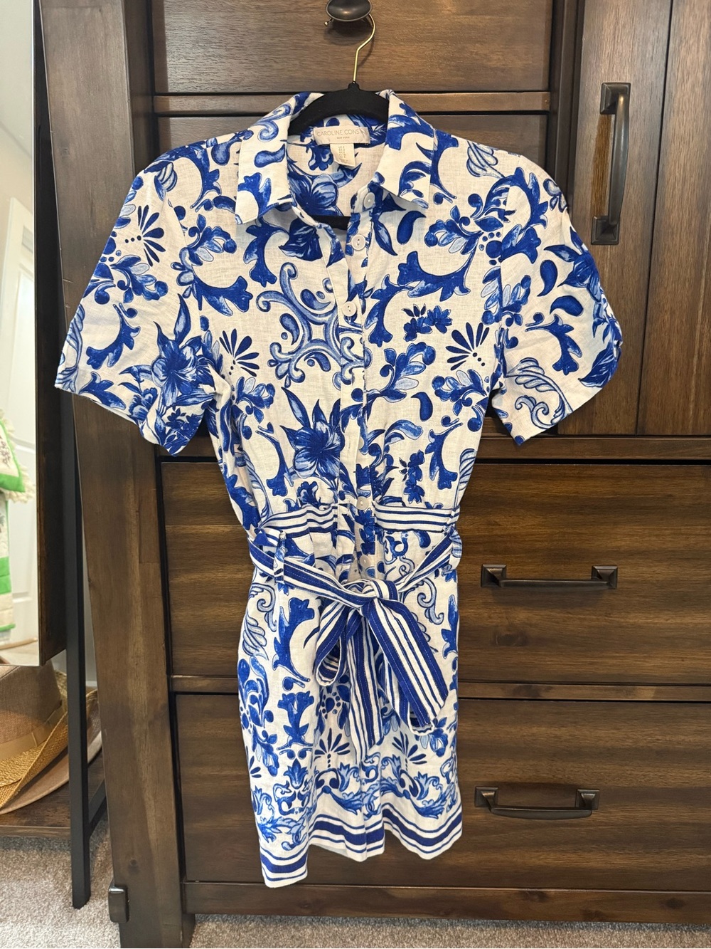 Caroline Constas Blue and White Floral Linen/Rayon Blend Romper